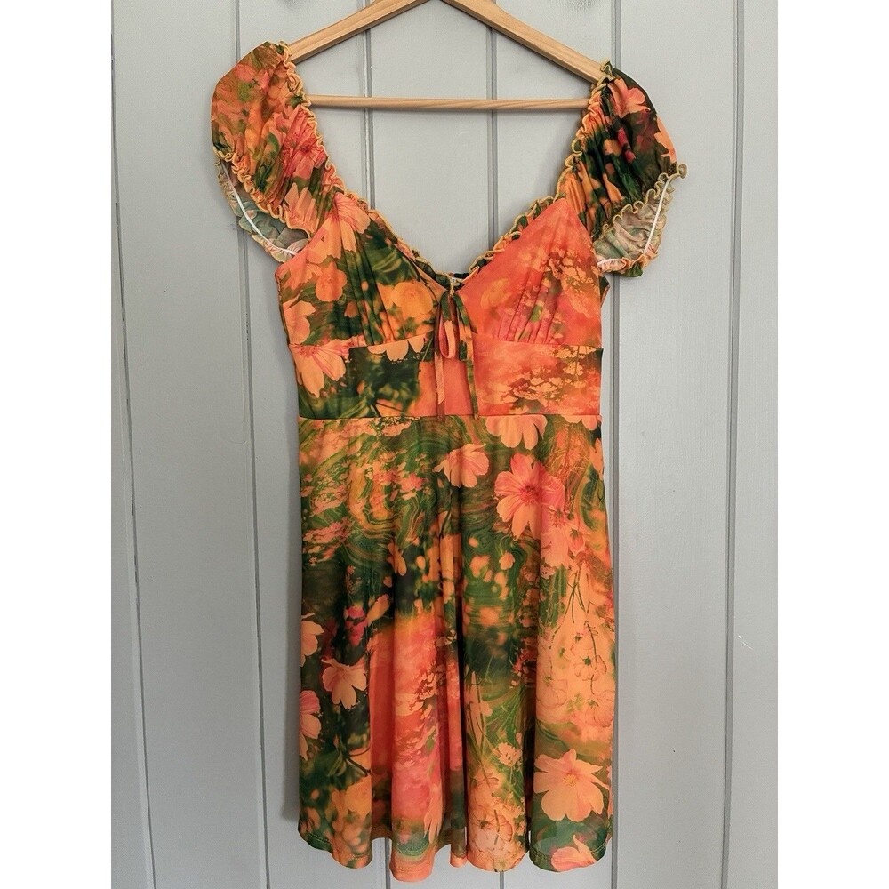 Urban Outfitters Audrey Mesh Mini Dress S Small Green & Orange Floral